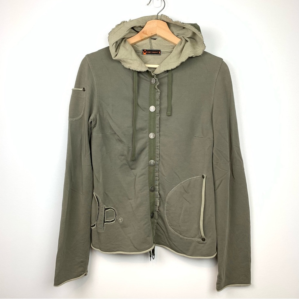 Y2K Cop Copine Cardigan Jacket Snaps Olive Green Hooded Sz 36 Grunge Vtg Raw Hem